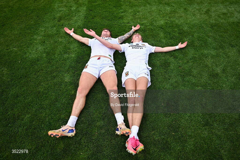 26 July 2026; Mayo players Jordan Flynn, left, and Kobe McDonald celebrate after the GAA Football All-Ireland Senior Championship final match between Kerry and Mayo at Croke Park in Dublin. Photo by David Fitzgerald/Sportsfile