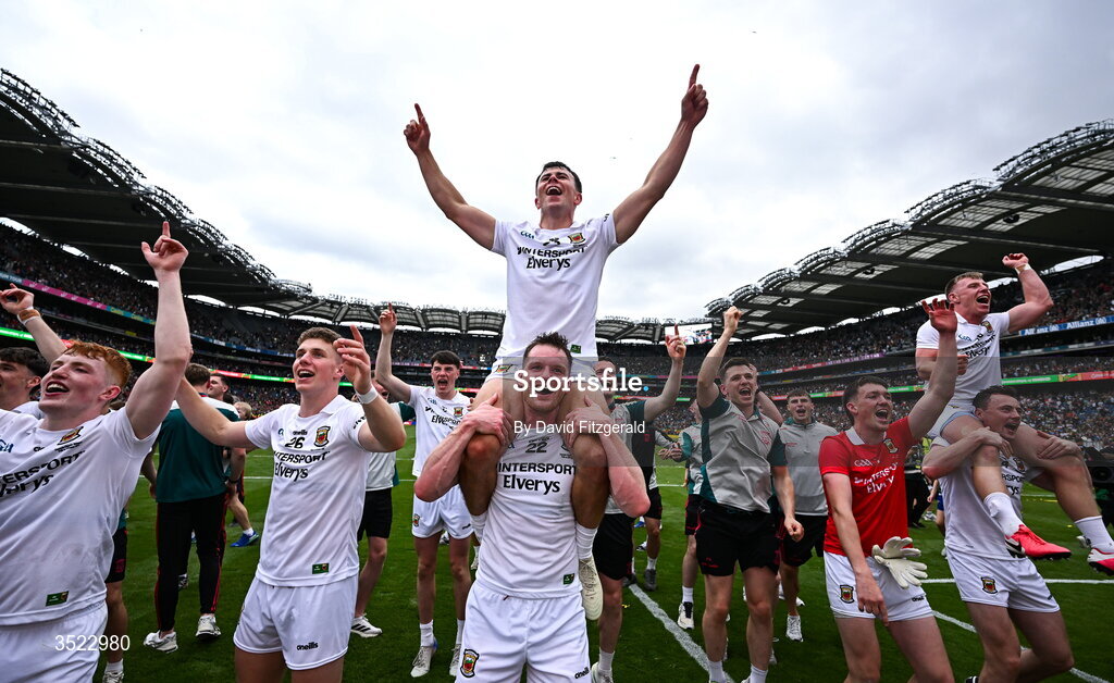 26 July 2026; Mayo players celebrate after the GAA Football All-Ireland Senior Championship final match between Kerry and Mayo at Croke Park in Dublin. Photo by David Fitzgerald/Sportsfile
