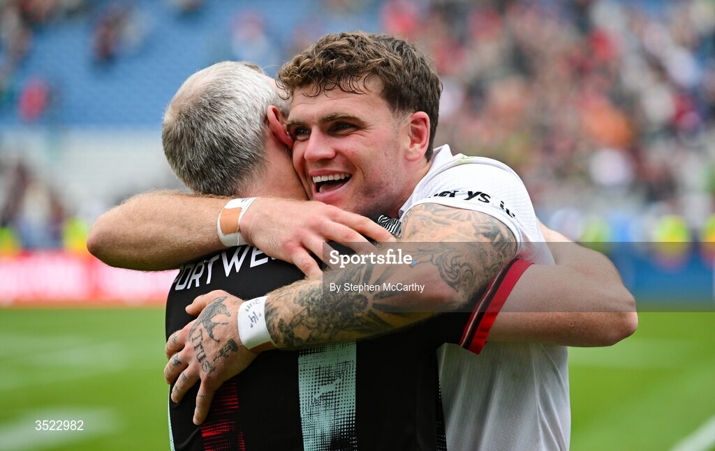26 July 2026; Jordan Flynn of Mayo celebrates with kitman Liam Ludden after the GAA Football All-Ireland Senior Championship final match between Kerry and Mayo at Croke Park in Dublin. Photo by Stephen McCarthy/Sportsfile