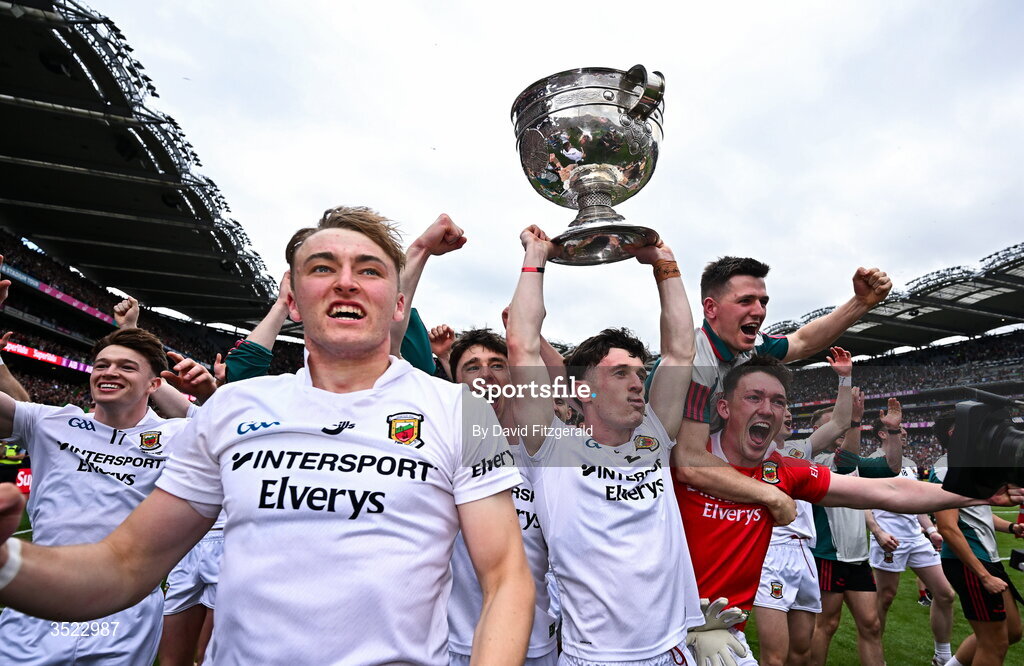 26 July 2026; Mayo players, including Jack Coyne, centre, celebrate after the GAA Football All-Ireland Senior Championship final match between Kerry and Mayo at Croke Park in Dublin. Photo by David Fitzgerald/Sportsfile