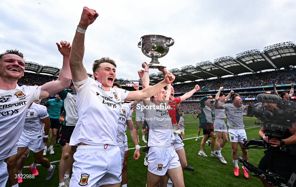 26 July 2026; Mayo players, including Jack Coyne, centre, celebrate after the GAA Football All-Ireland Senior Championship final match between Kerry and Mayo at Croke Park in Dublin. Photo by David Fitzgerald/Sportsfile
