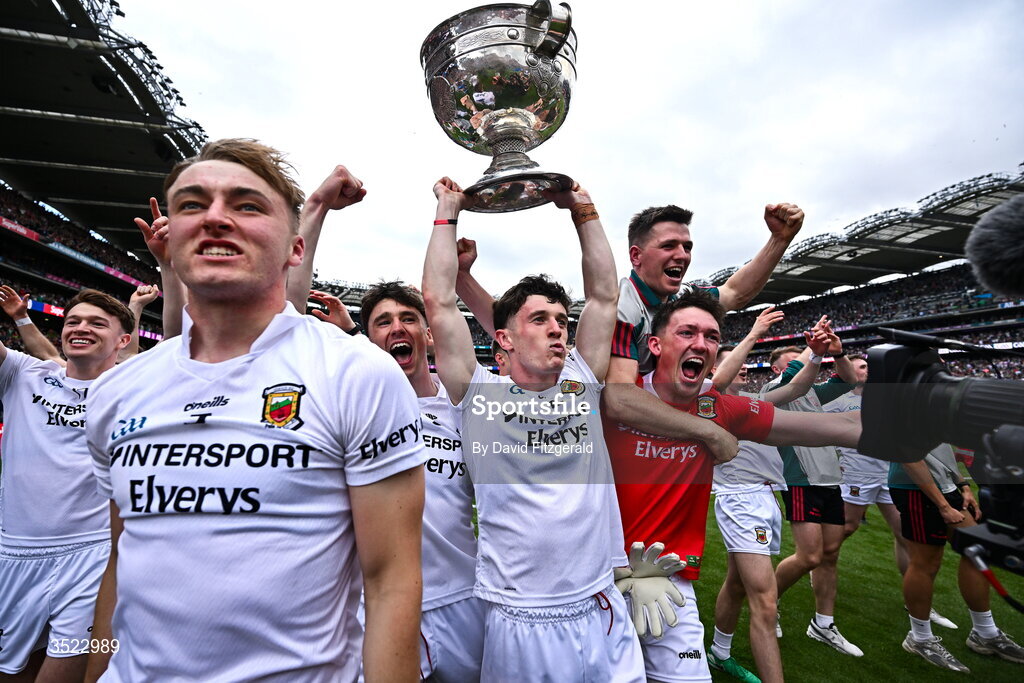 26 July 2026; Mayo players, including Jack Coyne, centre, celebrate after the GAA Football All-Ireland Senior Championship final match between Kerry and Mayo at Croke Park in Dublin. Photo by David Fitzgerald/Sportsfile