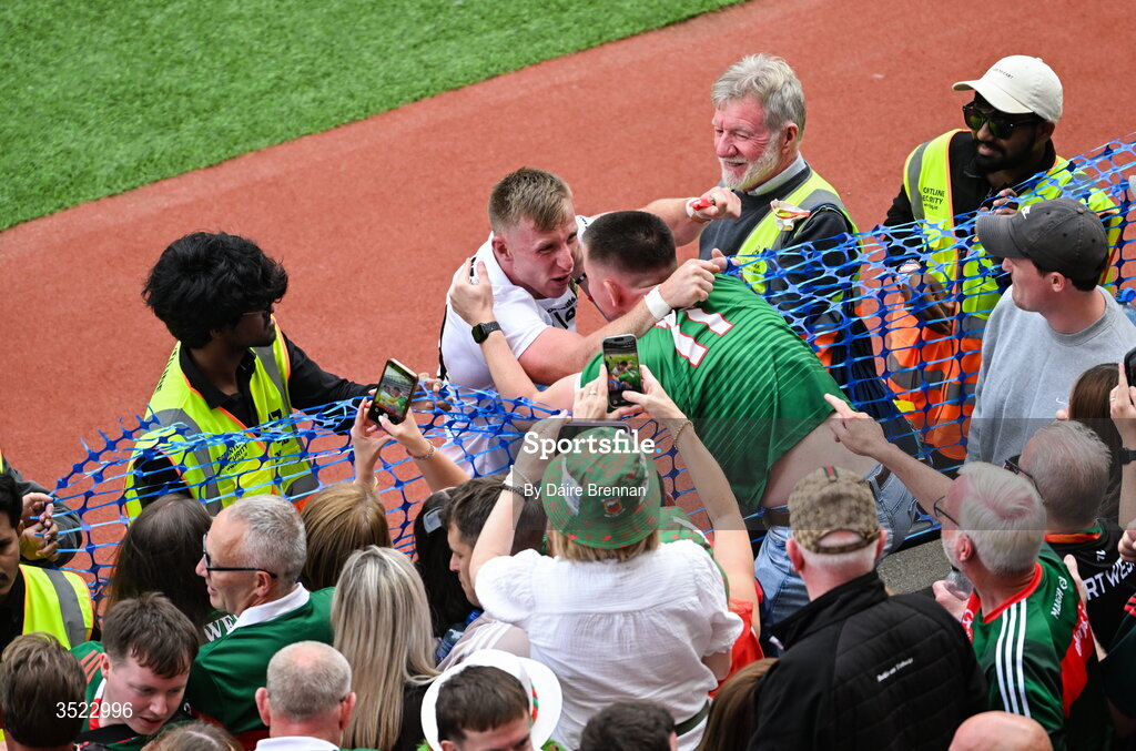 26 July 2026; Ryan O'Donoghue of Mayo celebrates with supporters after the GAA Football All-Ireland Senior Championship final match between Kerry and Mayo at Croke Park in Dublin. Photo by Daire Brennan/Sportsfile