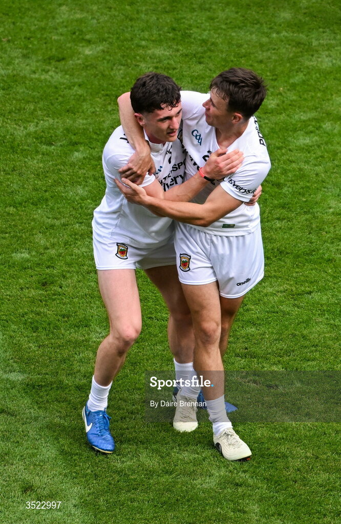 26 July 2026; Jack Coyne, left, and Matthew Ruane of Mayo celebrate after the GAA Football All-Ireland Senior Championship final match between Kerry and Mayo at Croke Park in Dublin. Photo by Daire Brennan/Sportsfile