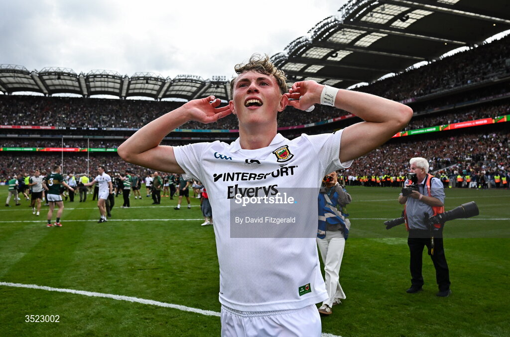 26 July 2026; Kobe McDonald of Mayo celebrates after the GAA Football All-Ireland Senior Championship final match between Kerry and Mayo at Croke Park in Dublin. Photo by David Fitzgerald/Sportsfile