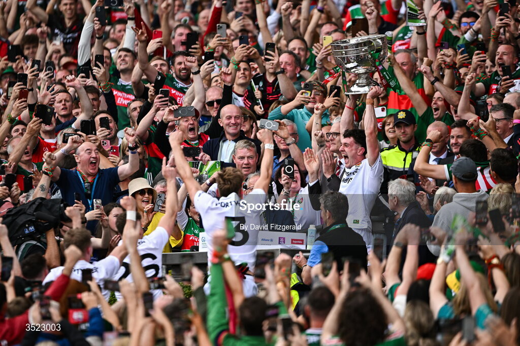 26 July 2026; Mayo capatain Jack Coyne lifts the Sam Maguire Cup after the GAA Football All-Ireland Senior Championship final match between Kerry and Mayo at Croke Park in Dublin. Photo by David Fitzgerald/Sportsfile