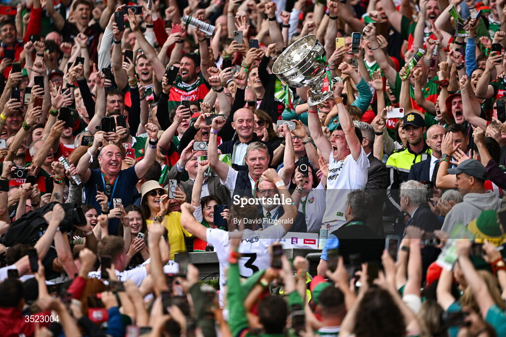 26 July 2026; Mayo capatain Jack Coyne lifts the Sam Maguire Cup after the GAA Football All-Ireland Senior Championship final match between Kerry and Mayo at Croke Park in Dublin. Photo by David Fitzgerald/Sportsfile