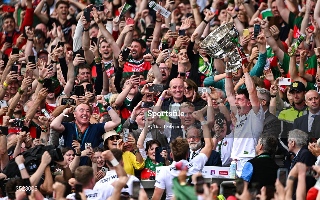 26 July 2026; Mayo capatain Jack Coyne lifts the Sam Maguire Cup after the GAA Football All-Ireland Senior Championship final match between Kerry and Mayo at Croke Park in Dublin.  Photo by David Fitzgerald/Sportsfile