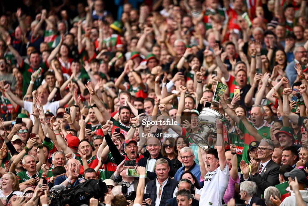 26 July 2026; Mayo captain Jack Coyne lifts the Sam Maguire Cup after his side's victory the GAA Football All-Ireland Senior Championship final match between Kerry and Mayo at Croke Park in Dublin. Photo by David Fitzgerald/Sportsfile
