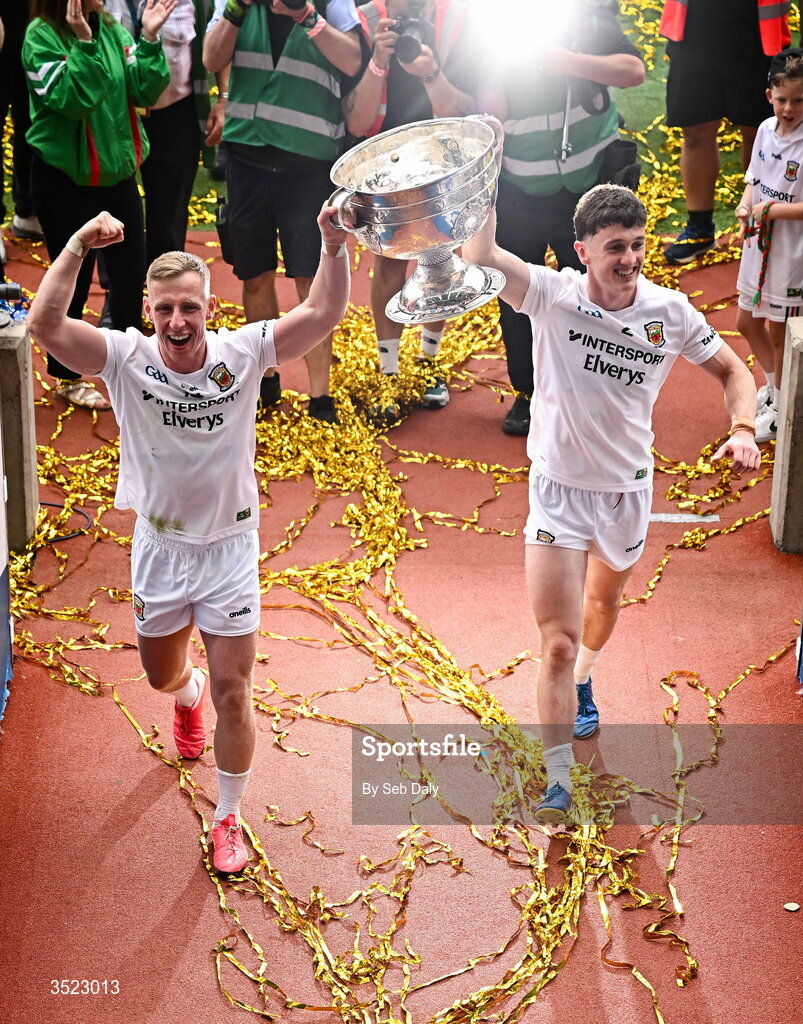 26 July 2026; Mayo players Ryan O'Donoghue, left, and Jack Coyne carry the Sam Maguire Cup down the tunnel after the GAA Football All-Ireland Senior Championship final match between Kerry and Mayo at Croke Park in Dublin. Photo by Seb Daly/Sportsfile