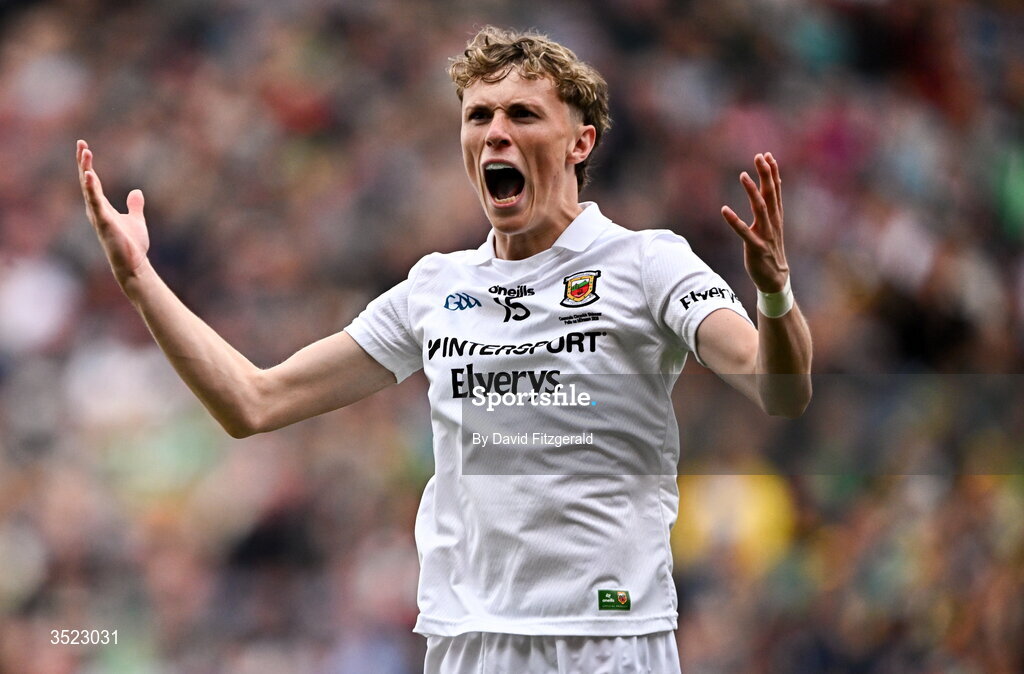 26 July 2026; Kobe McDonald of Mayo celebrates a point during the GAA Football All-Ireland Senior Championship final match between Kerry and Mayo at Croke Park in Dublin. Photo by David Fitzgerald/Sportsfile