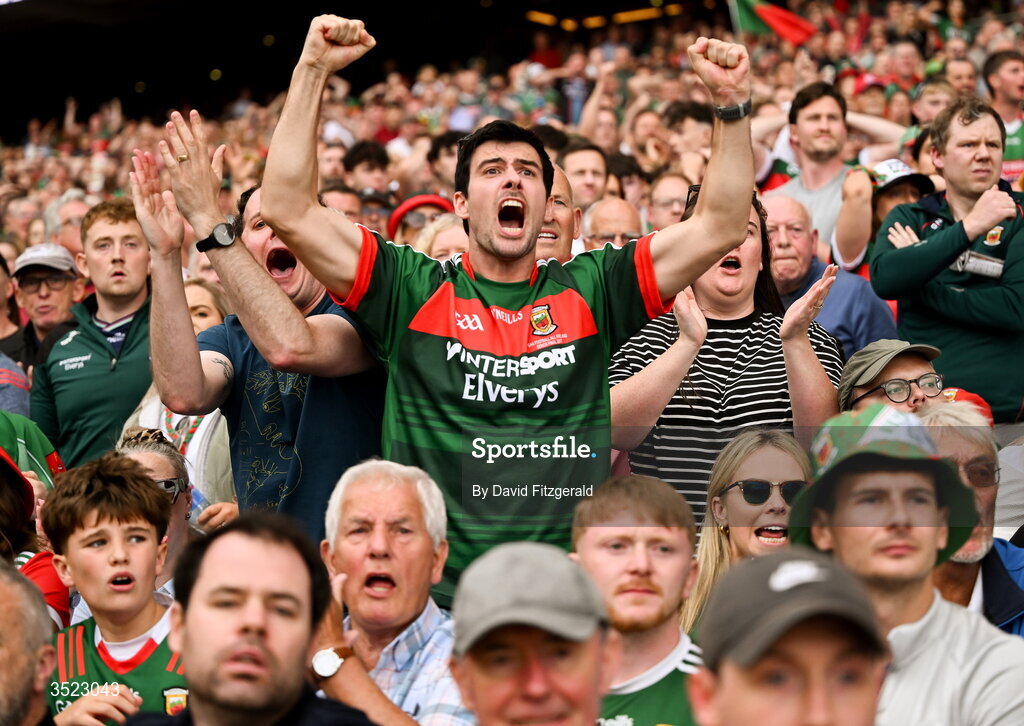 26 July 2026; Mayo supporters react during the GAA Football All-Ireland Senior Championship final match between Kerry and Mayo at Croke Park in Dublin. Photo by David Fitzgerald/Sportsfile