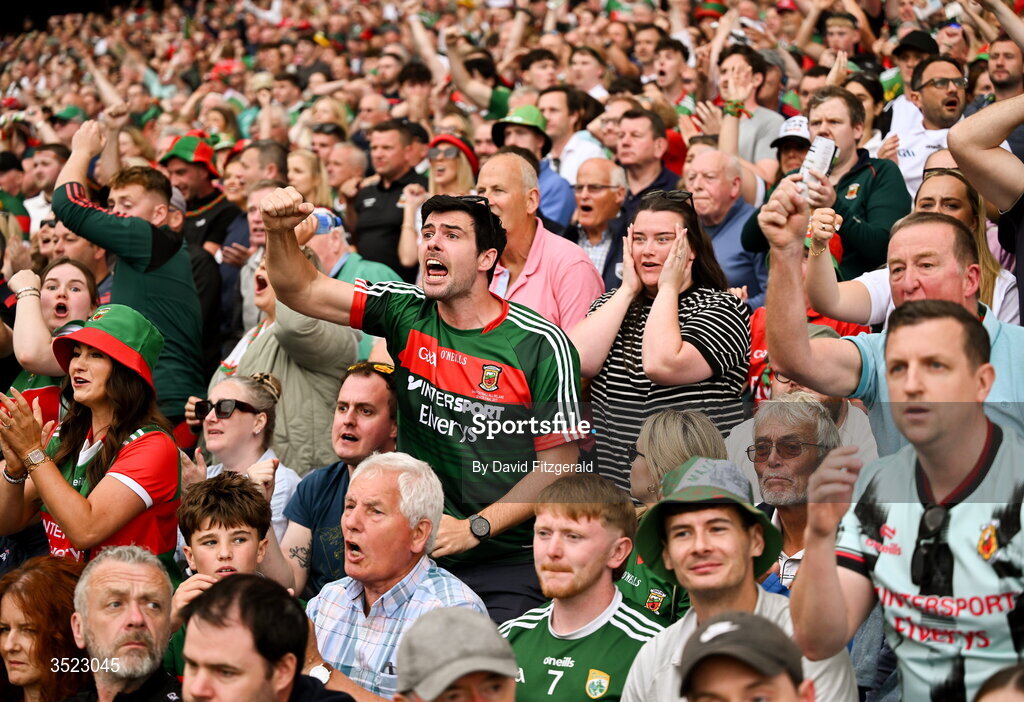 26 July 2026; Mayo supporters react during the GAA Football All-Ireland Senior Championship final match between Kerry and Mayo at Croke Park in Dublin. Photo by David Fitzgerald/Sportsfile