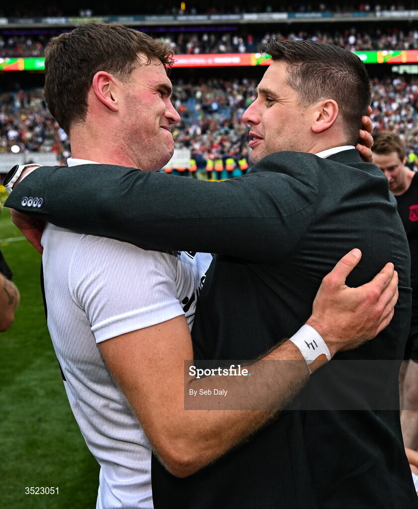 26 July 2026; Jordan Flynn of Mayo, left, with former Mayo inter-county player Lee Keegan after the GAA Football All-Ireland Senior Championship final match between Kerry and Mayo at Croke Park in Dublin. Photo by Seb Daly/Sportsfile