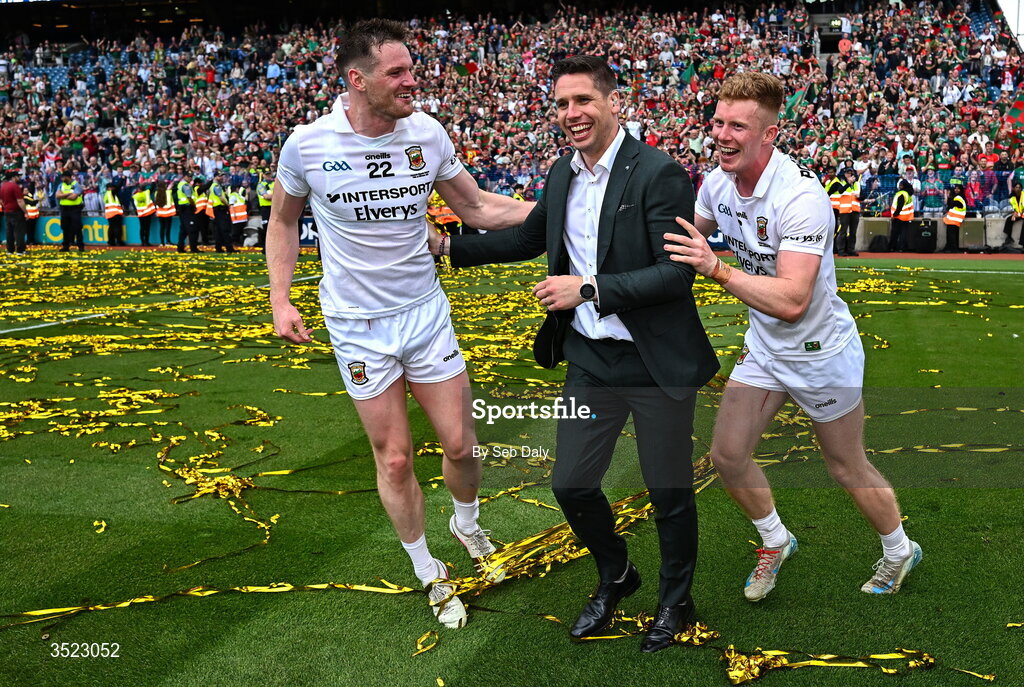 26 July 2026; Mayo players Matthew Ruane, left, and David McBrien with former Mayo inter-county player Lee Keegan after the GAA Football All-Ireland Senior Championship final match between Kerry and Mayo at Croke Park in Dublin. Photo by Seb Daly/Sportsfile
