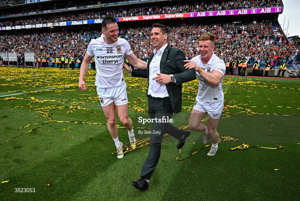 26 July 2026; Mayo players Matthew Ruane, left, and David McBrien with former Mayo inter-county player Lee Keegan after the GAA Football All-Ireland Senior Championship final match between Kerry and Mayo at Croke Park in Dublin. Photo by Seb Daly/Sportsfile