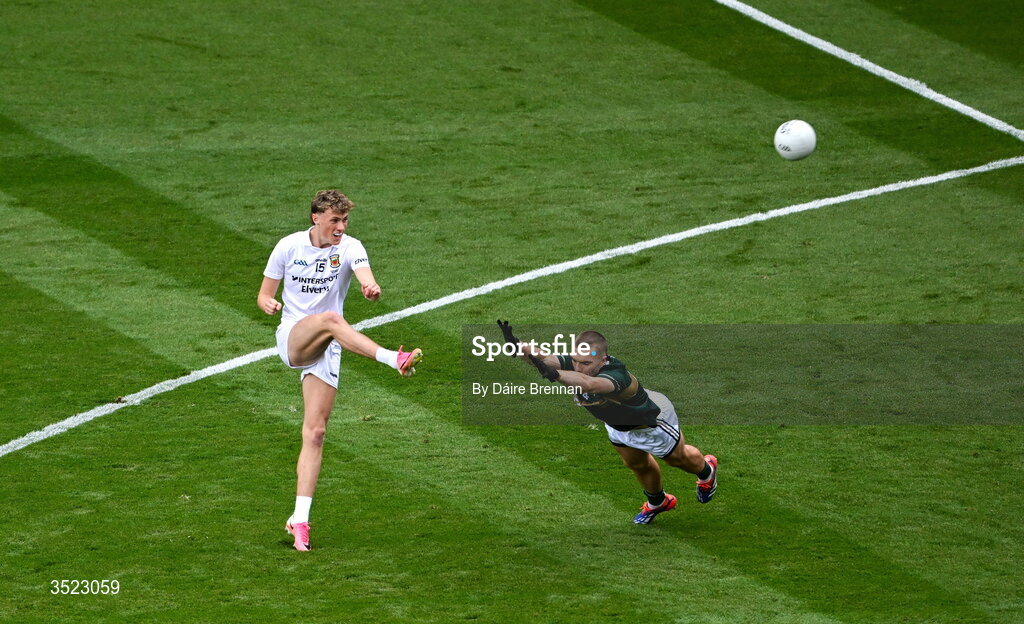 26 July 2026; Kobe McDonald of Mayo in action against Dylan Casey of Kerry during the GAA Football All-Ireland Senior Championship final match between Kerry and Mayo at Croke Park in Dublin. Photo by Daire Brennan/Sportsfile