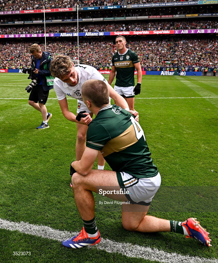 26 July 2026; Kobe McDonald of Mayo consoles Dylan Casey of Kerry after the GAA Football All-Ireland Senior Championship final match between Kerry and Mayo at Croke Park in Dublin. Photo by David Fitzgerald/Sportsfile Photo by David Fitzgerald/Sportsfile