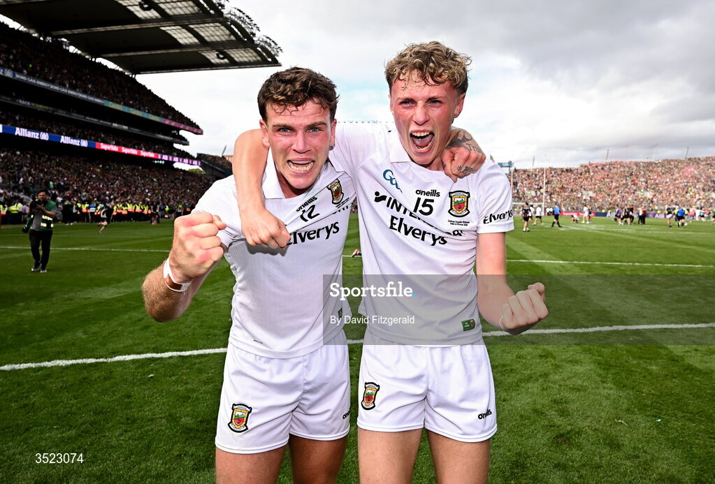26 July 2026; Jordan Flynn, left, and Kobe McDonald of Mayo celebrate after the GAA Football All-Ireland Senior Championship final match between Kerry and Mayo at Croke Park in Dublin. Photo by David Fitzgerald/Sportsfile Photo by David Fitzgerald/Sportsfile