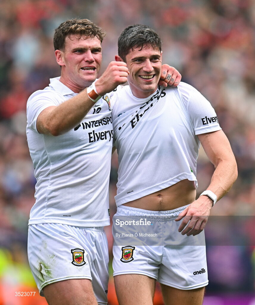 26 July 2026; Mayo players Jordan Flynn, left, and Conor Loftus after the GAA Football All-Ireland Senior Championship final match between Kerry and Mayo at Croke Park in Dublin. Photo by Piaras Ó Mídheach/Sportsfile