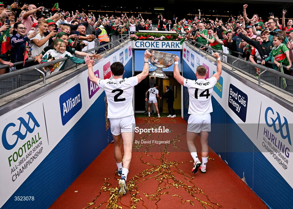 26 July 2026; Jack Coyne, left, and Ryan O'Donoghue of Mayo walk down the tunnel with the Sam Maguire after the GAA Football All-Ireland Senior Championship final match between Kerry and Mayo at Croke Park in Dublin. Photo by David Fitzgerald/Sportsfile Photo by David Fitzgerald/Sportsfile
