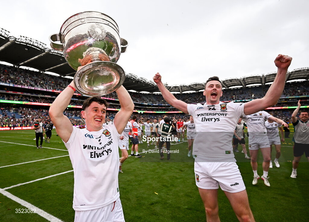 26 July 2026; Jack Coyne, left, and Diarmuid O'Connor of Mayo celebrate after the GAA Football All-Ireland Senior Championship final match between Kerry and Mayo at Croke Park in Dublin. Photo by David Fitzgerald/Sportsfile