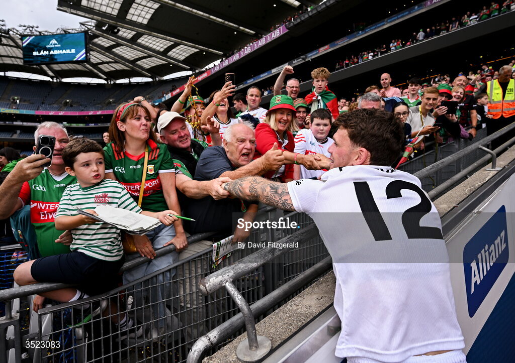 26 July 2026; Jordan Flynn of Mayo with supporters after the GAA Football All-Ireland Senior Championship final match between Kerry and Mayo at Croke Park in Dublin. Photo by David Fitzgerald/Sportsfile