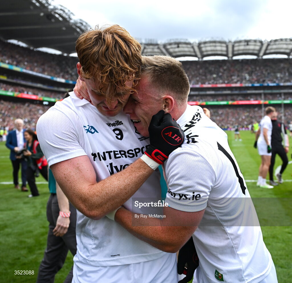 26 July 2026; Jack Carney, left, and Ryan O'Donoghue of Mayo after the GAA Football All-Ireland Senior Championship final match between Kerry and Mayo at Croke Park in Dublin. Photo by Ray McManus/Sportsfile