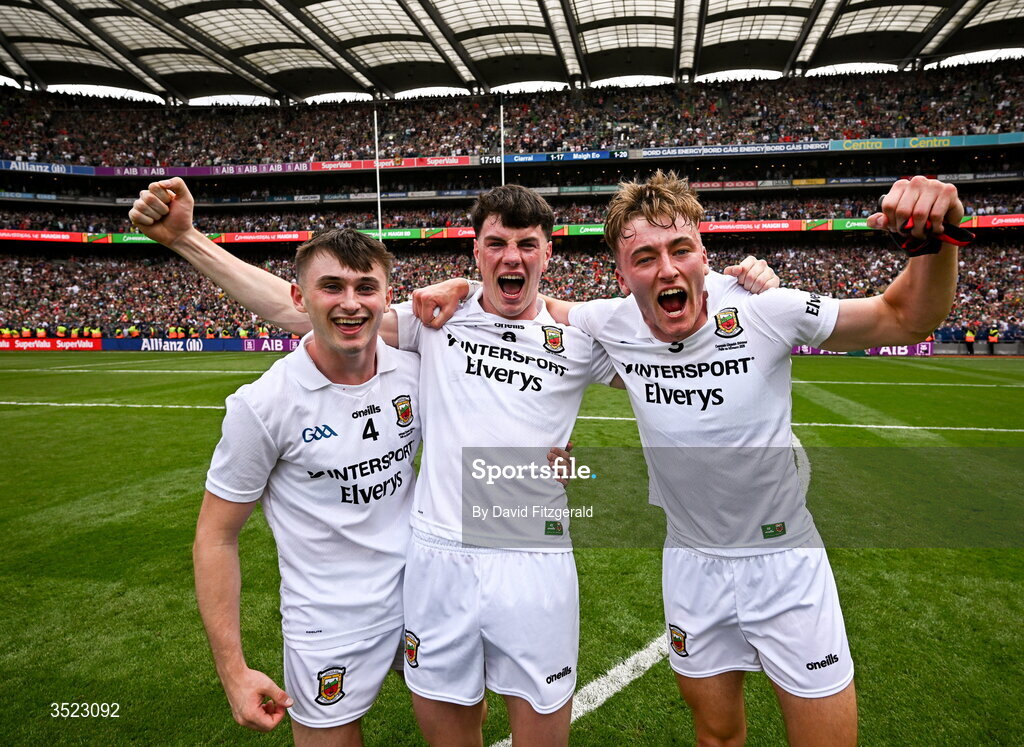 26 July 2026; Mayo players, from left, Eoin McGreal, Bob Tuohy and Donnacha McHugh celebrate after the GAA Football All-Ireland Senior Championship final match between Kerry and Mayo at Croke Park in Dublin. Photo by David Fitzgerald/Sportsfile