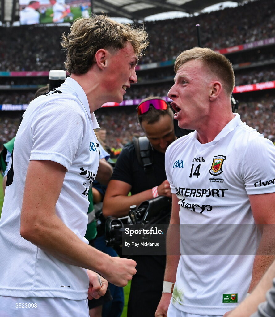 26 July 2026; Kobe McDonald, left, and Ryan O'Donoghue of Mayo after the GAA Football All-Ireland Senior Championship final match between Kerry and Mayo at Croke Park in Dublin. Photo by Ray McManus/Sportsfile