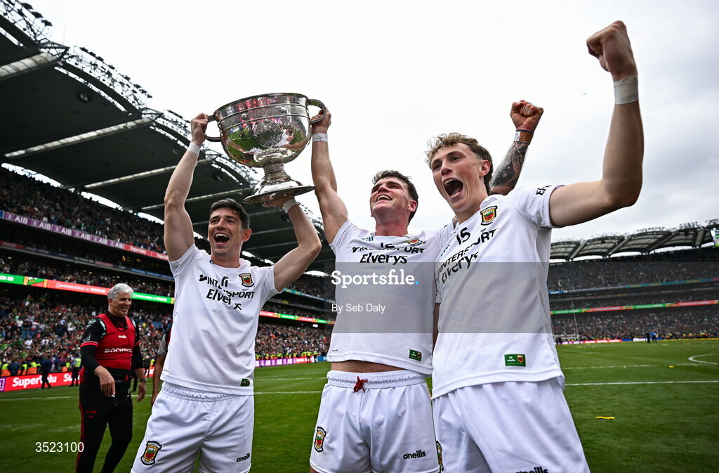 26 July 2026; Mayo players, from left, Conor Loftus, Jordan Flynn and Kobe McDonald celebrate after the GAA Football All-Ireland Senior Championship final match between Kerry and Mayo at Croke Park in Dublin. Photo by Seb Daly/Sportsfile