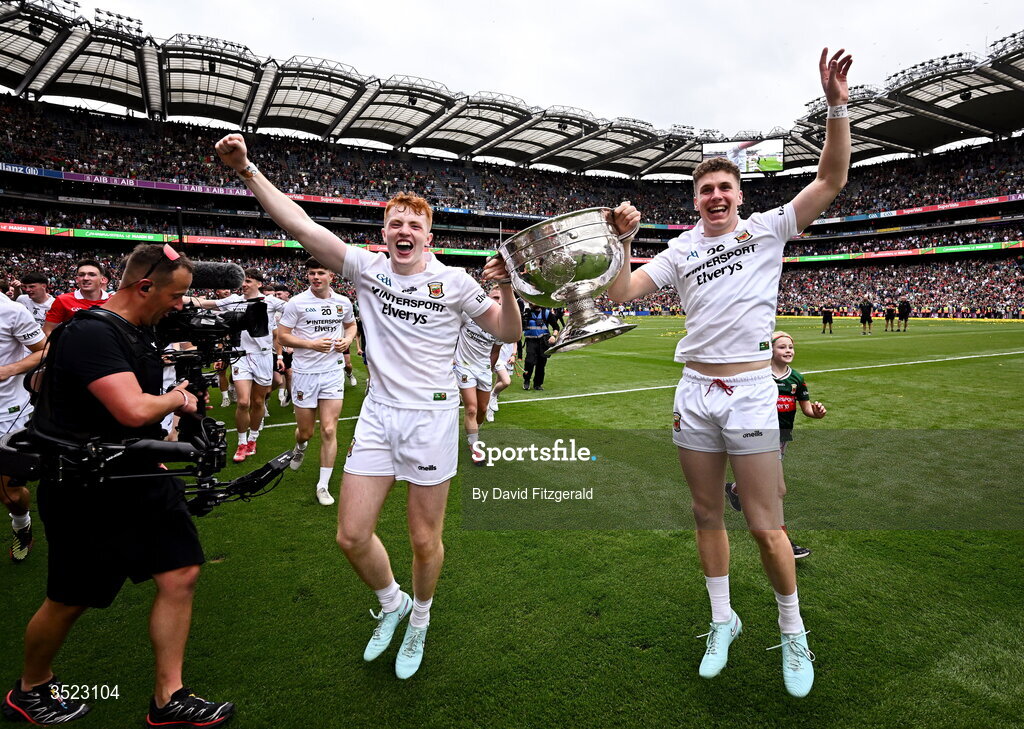 26 July 2026; Darragh Beirne, left, and Cian McHale of Mayo celebrate with the Sam Maguire cup after during the GAA Football All-Ireland Senior Championship final match between Kerry and Mayo at Croke Park in Dublin. Photo by David Fitzgerald/Sportsfile