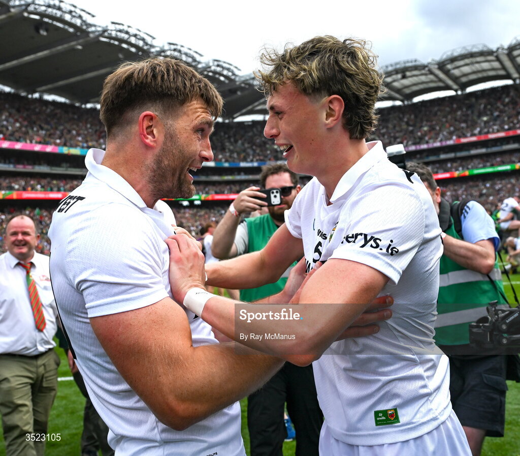 26 July 2026; Aidan O'Shea of Mayo, left, and Ryan O'Donoghue of Mayo after the GAA Football All-Ireland Senior Championship final match between Kerry and Mayo at Croke Park in Dublin. Photo by Ray McManus/Sportsfile