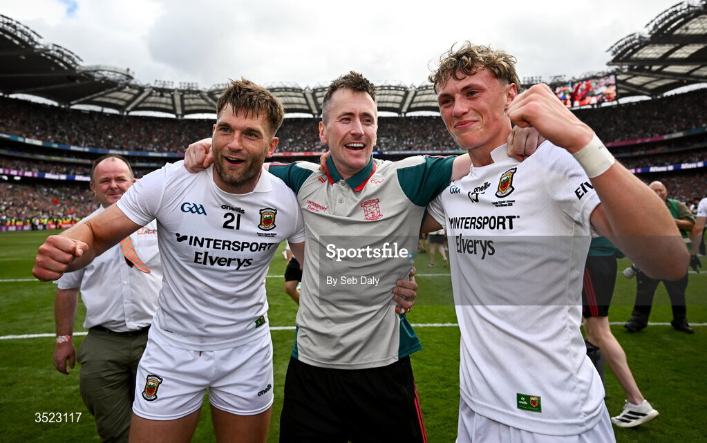 26 July 2026; Mayo's Aidan O'Shea, left, Cillian O'Connor, centre, and Kobe McDonald celebrate after the GAA Football All-Ireland Senior Championship final match between Kerry and Mayo at Croke Park in Dublin. Photo by Seb Daly/Sportsfile