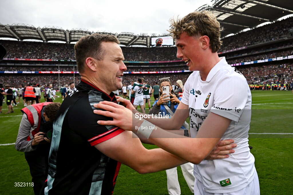 26 July 2026; Mayo manager Andy Moran, left, and Kobe McDonald celebrate after the GAA Football All-Ireland Senior Championship final match between Kerry and Mayo at Croke Park in Dublin. Photo by Seb Daly/Sportsfile