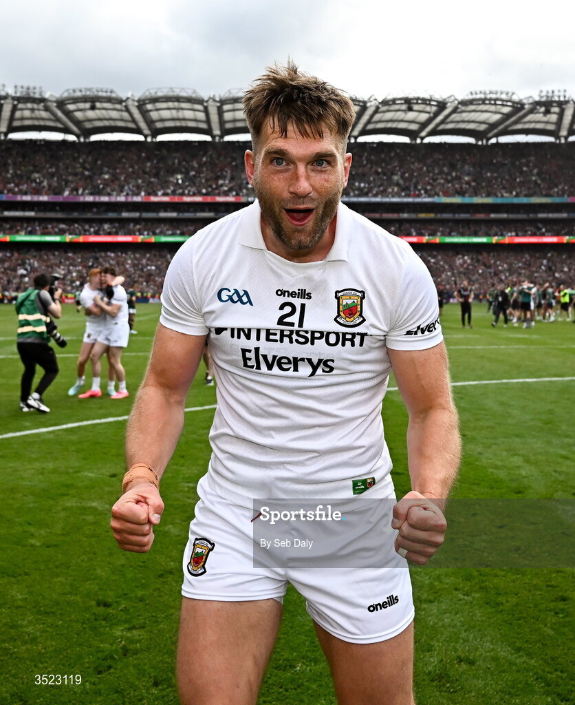 26 July 2026; Aidan O'Shea of Mayo celebrates after the GAA Football All-Ireland Senior Championship final match between Kerry and Mayo at Croke Park in Dublin. Photo by Seb Daly/Sportsfile