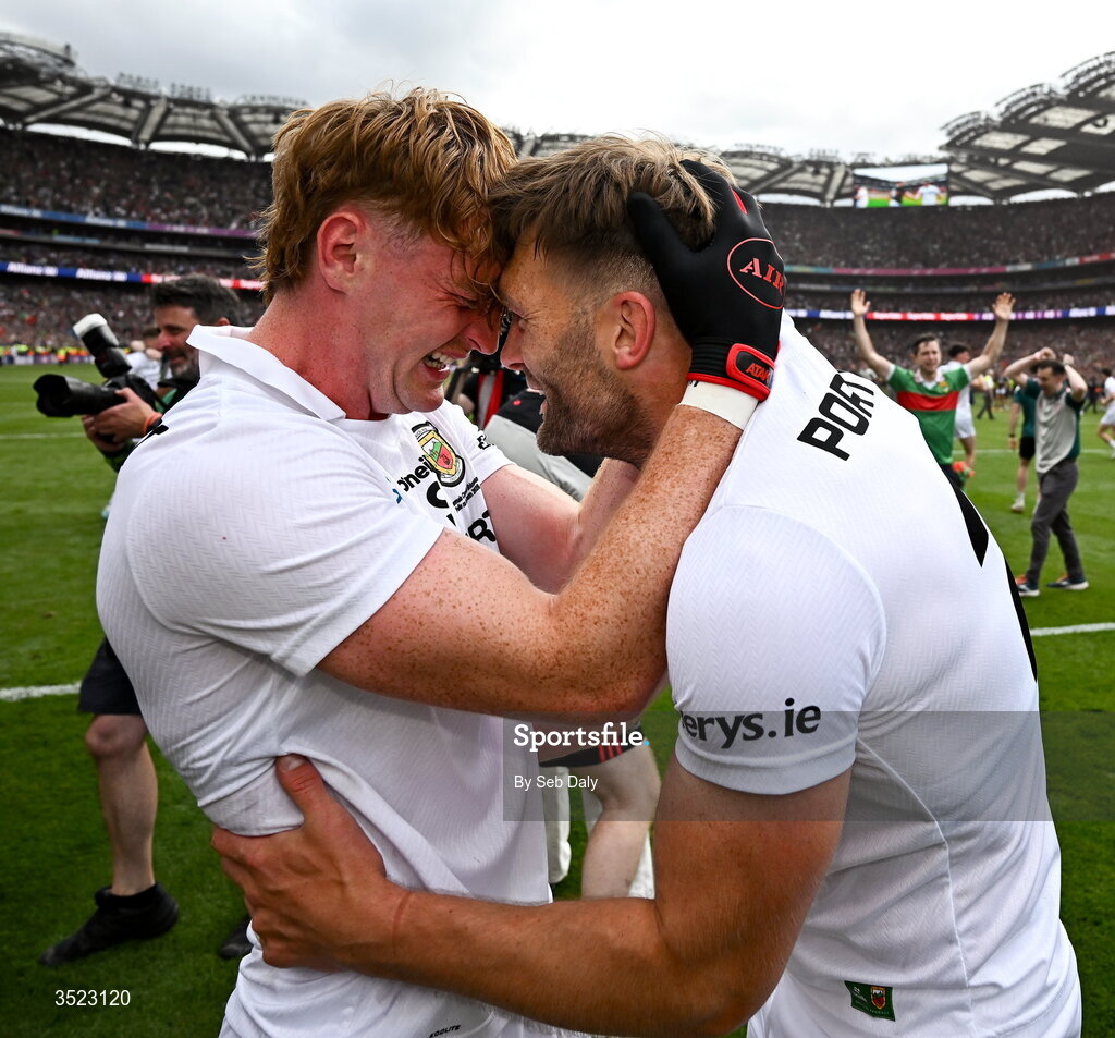 26 July 2026; Mayo players Jack Carney, left, and Aidan O'Shea celebrate after the GAA Football All-Ireland Senior Championship final match between Kerry and Mayo at Croke Park in Dublin. Photo by Seb Daly/Sportsfile