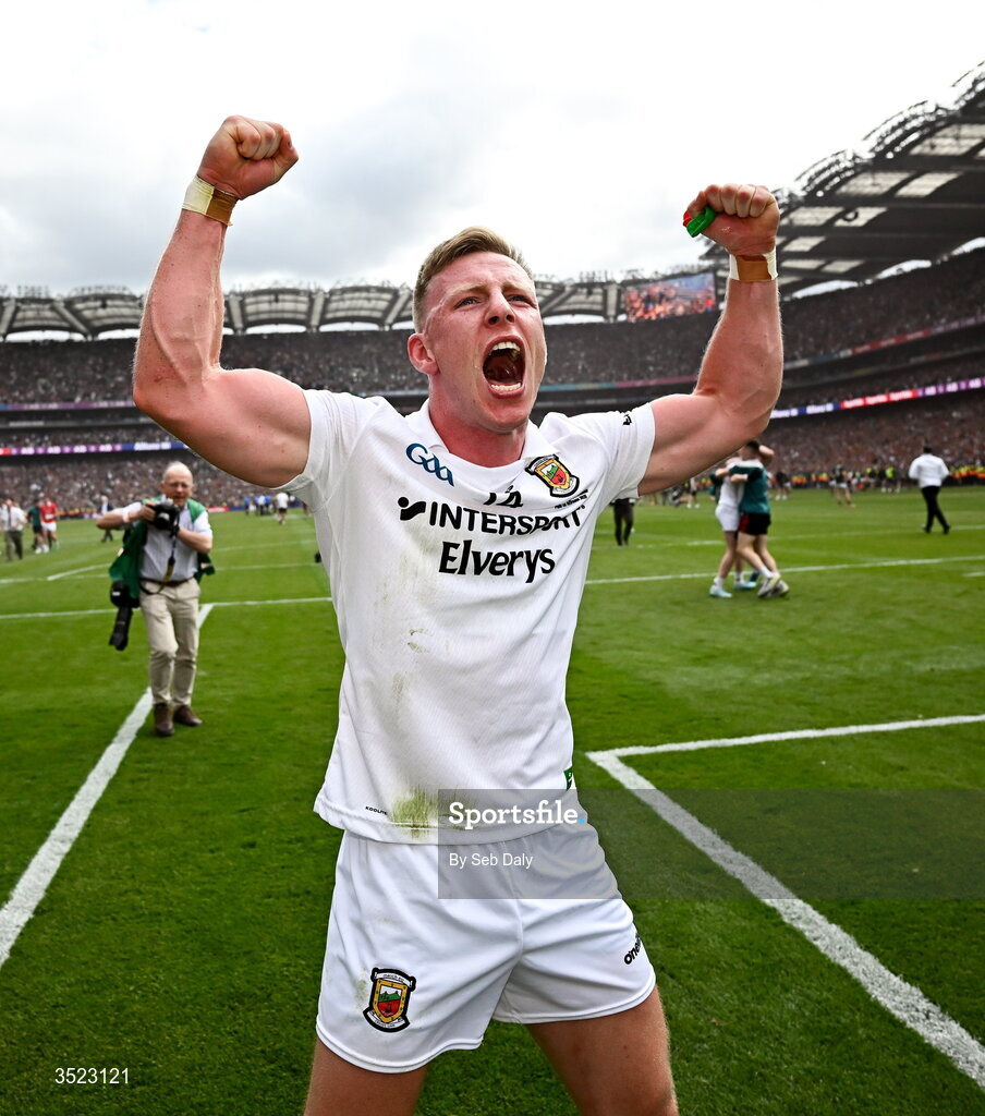 26 July 2026; Ryan O'Donoghue of Mayo celebrates after the GAA Football All-Ireland Senior Championship final match between Kerry and Mayo at Croke Park in Dublin. Photo by Seb Daly/Sportsfile