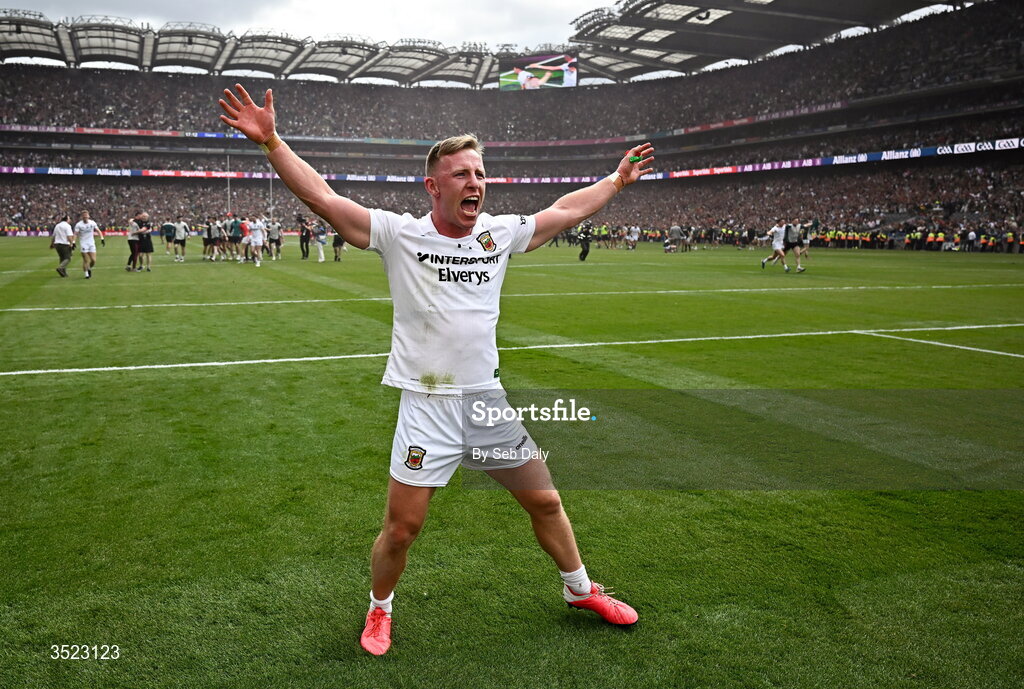 26 July 2026; Ryan O'Donoghue of Mayo celebrates after the GAA Football All-Ireland Senior Championship final match between Kerry and Mayo at Croke Park in Dublin. Photo by Seb Daly/Sportsfile