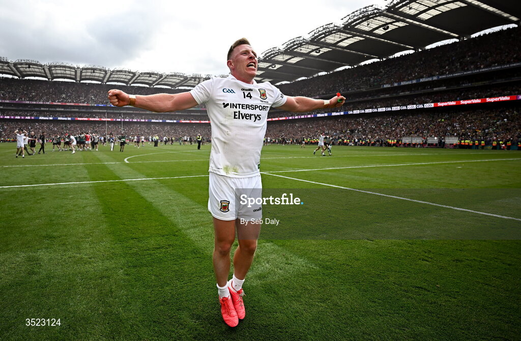 26 July 2026; Ryan O'Donoghue of Mayo celebrates after the GAA Football All-Ireland Senior Championship final match between Kerry and Mayo at Croke Park in Dublin. Photo by Seb Daly/Sportsfile