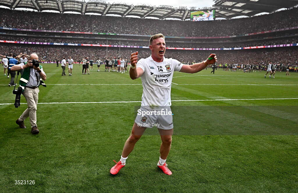 26 July 2026; Ryan O'Donoghue of Mayo celebrates after the GAA Football All-Ireland Senior Championship final match between Kerry and Mayo at Croke Park in Dublin. Photo by Seb Daly/Sportsfile