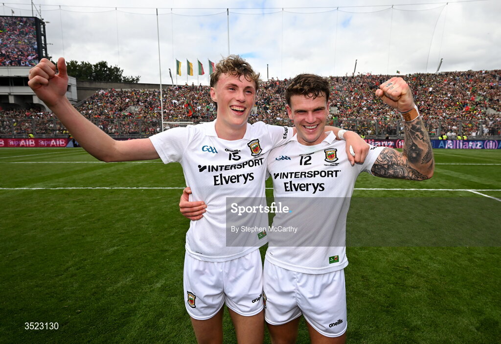26 July 2026; Mayo players Kobe McDonald, left, and Jordan Flynn after the GAA Football All-Ireland Senior Championship final match between Kerry and Mayo at Croke Park in Dublin. Photo by Stephen McCarthy/Sportsfile