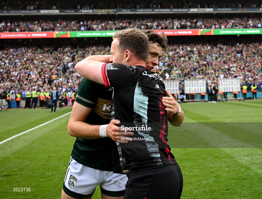 26 July 2026; Mayo manager Andy Moran with David Clifford of Kerry after the GAA Football All-Ireland Senior Championship final match between Kerry and Mayo at Croke Park in Dublin. Photo by Ray McManus/Sportsfile