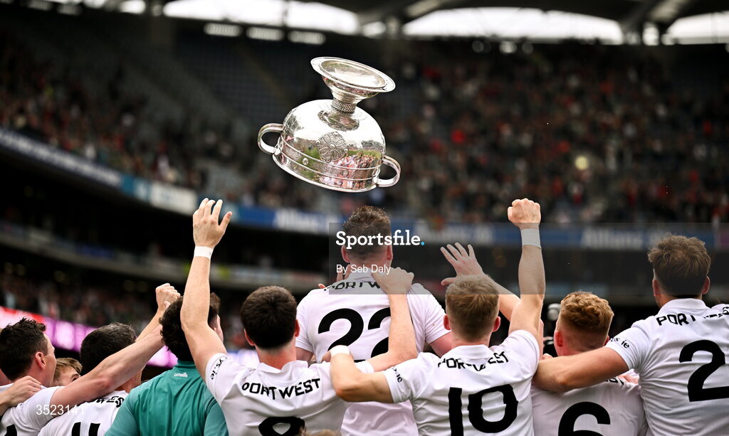 26 July 2026; Mayo players celebrate with the Sam Maguire Cup after the GAA Football All-Ireland Senior Championship final match between Kerry and Mayo at Croke Park in Dublin. Photo by Seb Daly/Sportsfile