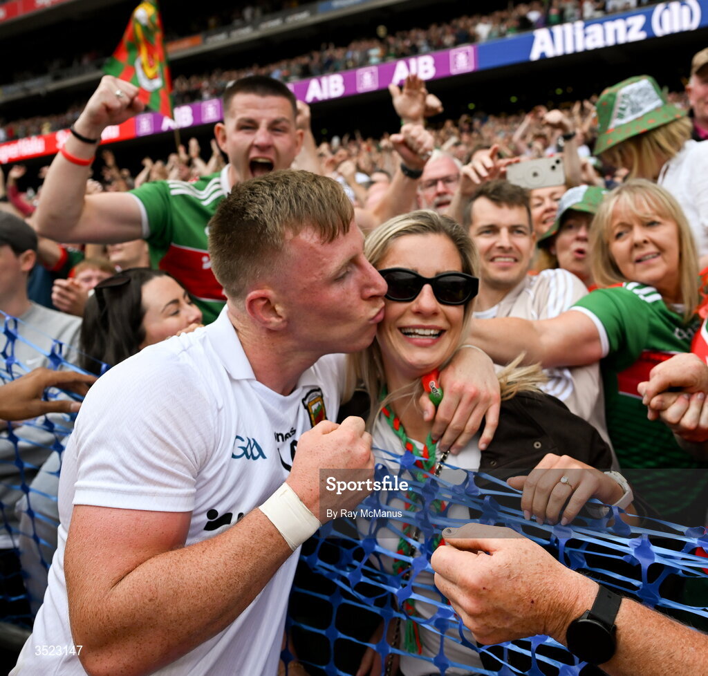 26 July 2026; Ryan O'Donoghue of Mayo with fiancée Courtney O'Donnell after the GAA Football All-Ireland Senior Championship final match between Kerry and Mayo at Croke Park in Dublin. Photo by Ray McManus/Sportsfile