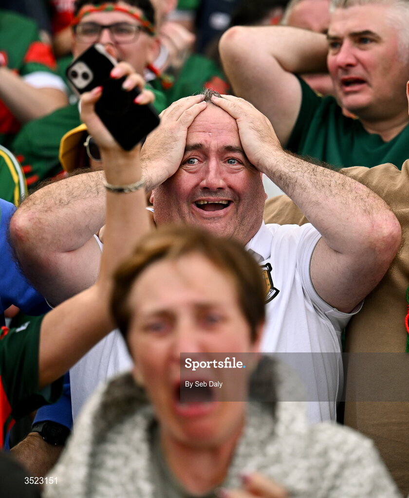 26 July 2026; Mayo supporters celebrate the GAA Football All-Ireland Senior Championship final match between Kerry and Mayo at Croke Park in Dublin. Photo by Seb Daly/Sportsfile