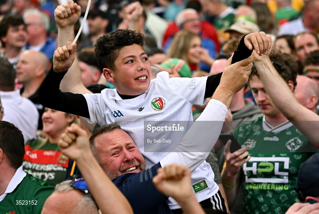 26 July 2026; Mayo supporters celebrate the GAA Football All-Ireland Senior Championship final match between Kerry and Mayo at Croke Park in Dublin. Photo by Seb Daly/Sportsfile