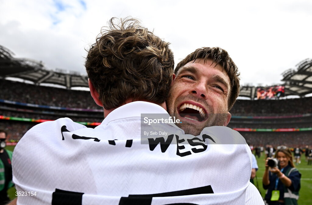 26 July 2026; Mayo's Aidan O'Shea, right, celebrates with Kobe McDonald after the GAA Football All-Ireland Senior Championship final match between Kerry and Mayo at Croke Park in Dublin. Photo by Seb Daly/Sportsfile