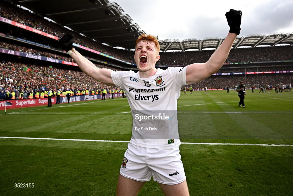 26 July 2026; Darragh Beirne of Mayo celebrates after the GAA Football All-Ireland Senior Championship final match between Kerry and Mayo at Croke Park in Dublin. Photo by Seb Daly/Sportsfile