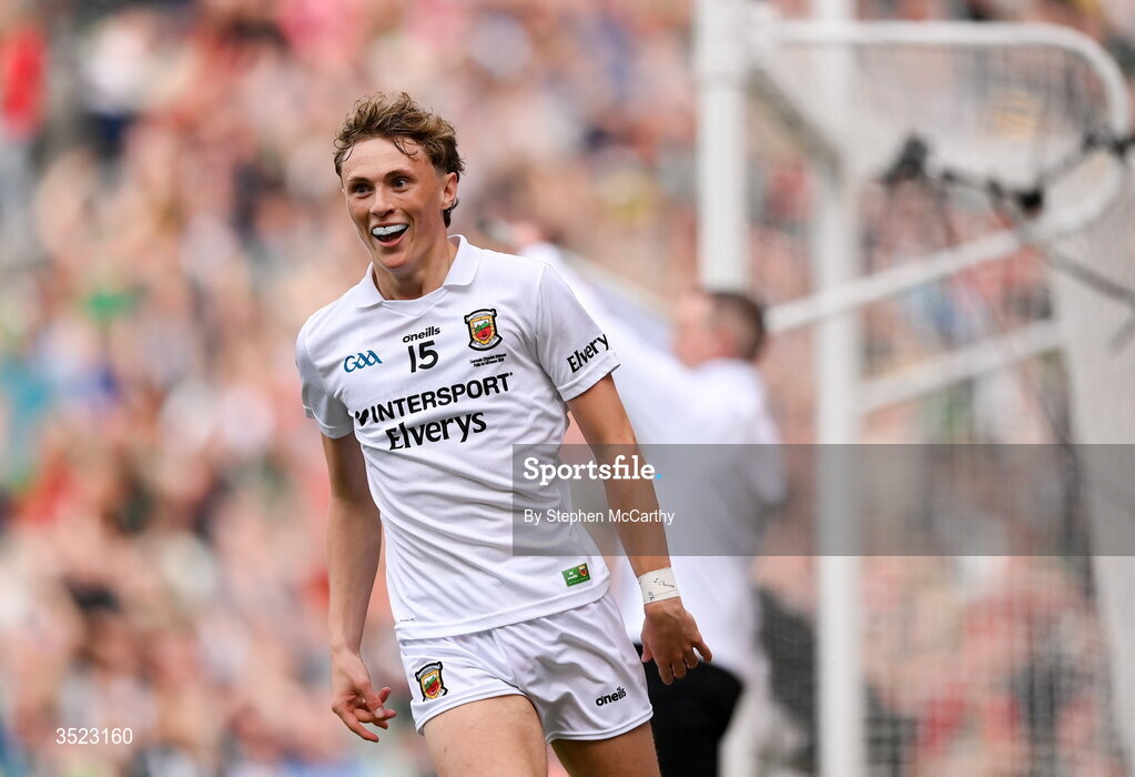 26 July 2026; Kobe McDonald of Mayo celebrates a late score during the GAA Football All-Ireland Senior Championship final match between Kerry and Mayo at Croke Park in Dublin. Photo by Stephen McCarthy/Sportsfile